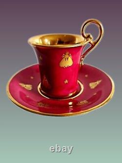 Le Tallec Golden Bees porcelain demitasse Cup and Saucer, 1950s France. Perfect