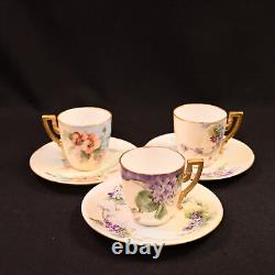 Lenox Belleek 3 Cups & 3 Saucers 3 Hand Painted Florals withGold Trim 1894-1896