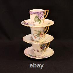 Lenox Belleek 3 Cups & 3 Saucers 3 Hand Painted Florals withGold Trim 1894-1896