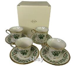 Lenox Holiday Gold Trim Footed Demitasse Cup and Saucer Set of 4 Holly Berry EUC