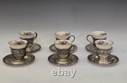 Lenox Rose Demitasse Porcelain Cup Wallace Sterling Silver Saucer Set of 6