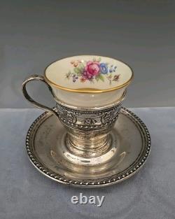 Lenox Rose Demitasse Porcelain Cup Wallace Sterling Silver Saucer Set of 6