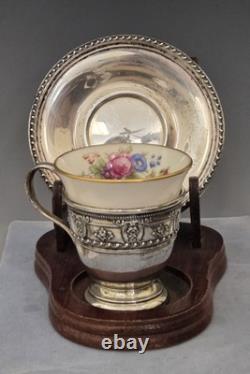 Lenox Rose Demitasse Porcelain Cup Wallace Sterling Silver Saucer Set of 6