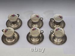 Lenox Rose Demitasse Porcelain Cup Wallace Sterling Silver Saucer Set of 6