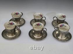 Lenox Rose Demitasse Porcelain Cup Wallace Sterling Silver Saucer Set of 6