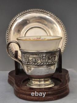 Lenox Rose Demitasse Porcelain Cup Wallace Sterling Silver Saucer Set of 6
