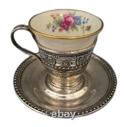 Lenox Rose Demitasse Porcelain Cup Wallace Sterling Silver Saucer Set of 6
