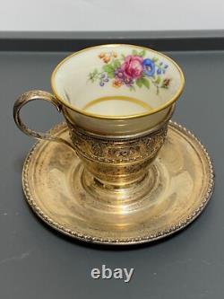 Lenox Rose Demitasse Porcelain Cups Sterling Silver Saucer & Holder (2 SETS)