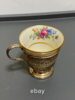 Lenox Rose Demitasse Porcelain Cups Sterling Silver Saucer & Holder (2 SETS)