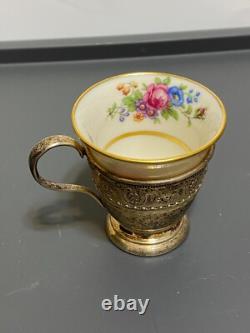 Lenox Rose Demitasse Porcelain Cups Sterling Silver Saucer & Holder (2 SETS)