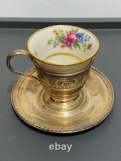 Lenox Rose Demitasse Porcelain Cups Sterling Silver Saucer & Holder (2 SETS)