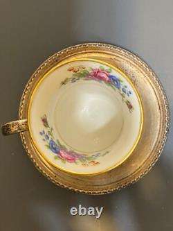 Lenox Rose Demitasse Porcelain Cups Sterling Silver Saucer & Holder (2 SETS)