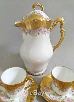 Limoges B&H Roses Teapot or Chocolate Pot With Demitasse Cups & Saucers Set
