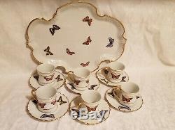 Limoges Demitasse Cups, Saucers / Tray With Butterflies