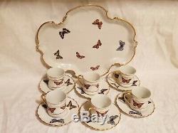 Limoges Demitasse Cups, Saucers / Tray With Butterflies