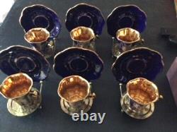 Limoges Gold Encrusted Cobalt Blue Demitasse Set of 6 Cups & Saucers withstands