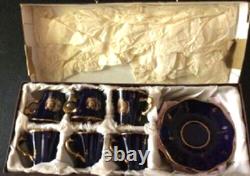 Limoges Gold Encrusted Cobalt Blue Demitasse Set of 6 Cups & Saucers withstands