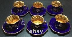 Limoges Gold Encrusted Cobalt Blue Demitasse Set of 6 Cups & Saucers withstands