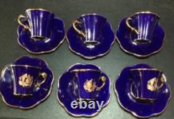 Limoges Gold Encrusted Cobalt Blue Demitasse Set of 6 Cups & Saucers withstands
