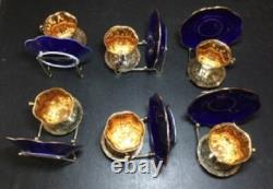 Limoges Gold Encrusted Cobalt Blue Demitasse Set of 6 Cups & Saucers withstands