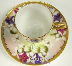 Limoges Pickard Hand Painted Hessler Violet Bouquet Demitasse Cup & Saucer