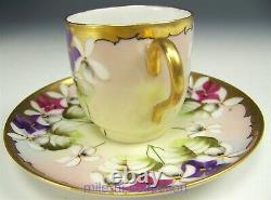 Limoges Pickard Hand Painted Hessler Violet Bouquet Demitasse Cup & Saucer