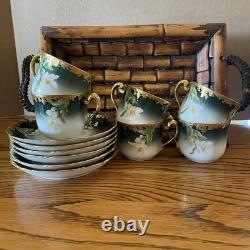 Limoges T&V Greenleaf & Crosby Hand Painted Floral Gold Demitasse 12 piece Set