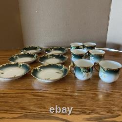 Limoges T&V Greenleaf & Crosby Hand Painted Floral Gold Demitasse 12 piece Set