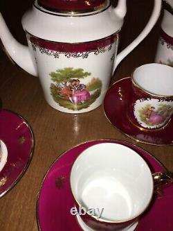 Limoges Teapot, Creamer, Sugar Bowl with 6 Demitasse Cups & Saucers-Trim Real Gold