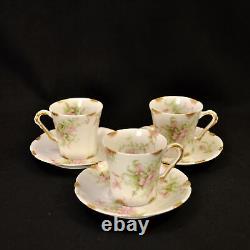 Limoges Theodore Haviland 3 Cups & Saucers Demi Chocolate 1903-1925 Pink withGold