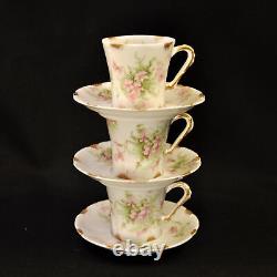 Limoges Theodore Haviland 3 Cups & Saucers Demi Chocolate 1903-1925 Pink withGold