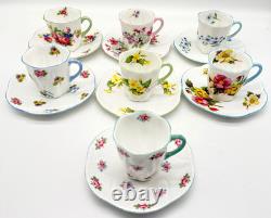 Lovely Set Of 7 Shelley Demitasse Cups & Saucers, Dainty Shape, 7 Patterns