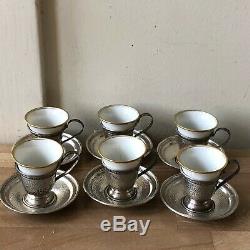 Lovely Set of 6 HGS Co Sterling Silver & Porcelain Demitasse Cups & Saucers