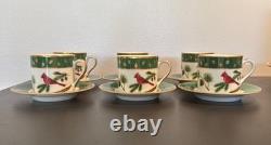 Lynn Chase Winter Game Birds Green Demitasse Cups And Saucers, Set Of Six (6)
