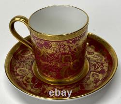 MINTON Jeweled Deep Ruby Red And Gold Floral Demitasse Cup & Saucer EXCELLENT