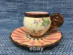 MacKenzie Childs Chelsea Luster Demitasse Cup & Saucer Floral Earthenware Mint