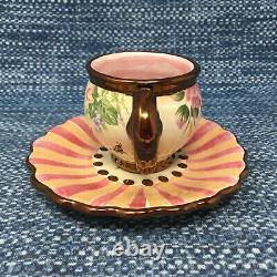 MacKenzie Childs Chelsea Luster Demitasse Cup & Saucer Floral Earthenware Mint