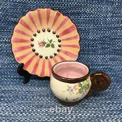 MacKenzie Childs Chelsea Luster Demitasse Cup & Saucer Floral Earthenware Mint