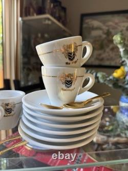 Malongo Espresso Set 6 Cups Saucers + Spoons NEW French Demitasse Griffin Crest