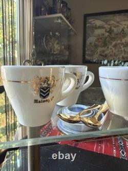 Malongo Espresso Set 6 Cups Saucers + Spoons NEW French Demitasse Griffin Crest