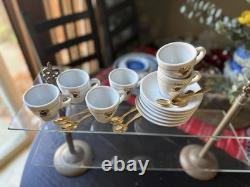 Malongo Espresso Set 6 Cups Saucers + Spoons NEW French Demitasse Griffin Crest