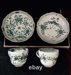 Meissen Demitasse 2 Cups & Saucers Green & White Indian Flower Pattern Vintage