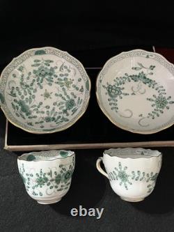 Meissen Demitasse 2 Cups & Saucers Green & White Indian Flower Pattern Vintage