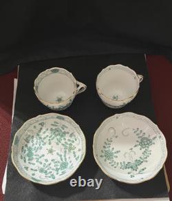 Meissen Demitasse 2 Cups & Saucers Green & White Indian Flower Pattern Vintage
