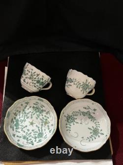 Meissen Demitasse 2 Cups & Saucers Green & White Indian Flower Pattern Vintage