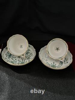 Meissen Demitasse 2 Cups & Saucers Green & White Indian Flower Pattern Vintage