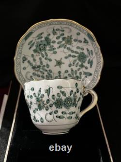 Meissen Demitasse 2 Cups & Saucers Green & White Indian Flower Pattern Vintage