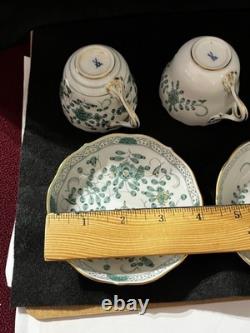 Meissen Demitasse 2 Cups & Saucers Green & White Indian Flower Pattern Vintage
