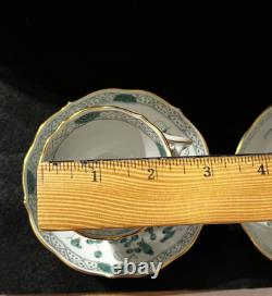 Meissen Demitasse 2 Cups & Saucers Green & White Indian Flower Pattern Vintage