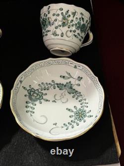 Meissen Demitasse 2 Cups & Saucers Green & White Indian Flower Pattern Vintage